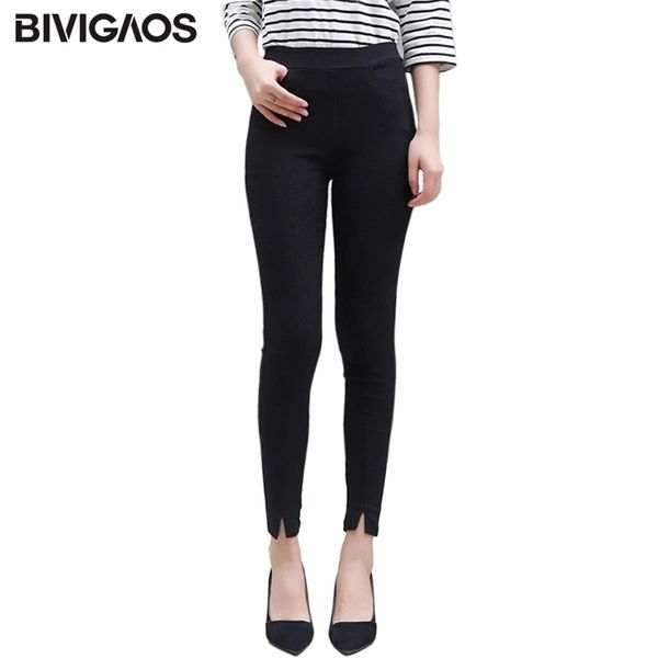 BIVIGAOS Leggings neri a vita alta con spacco frontale da donna Primavera Autunno Pantaloni legging casual in tessuto Pantaloni skinny sottili a matita 210925