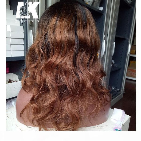

two tone fashion wavy 130%-150%density ombre human hair lace front wig brazilian wigs with bangs, Black;brown