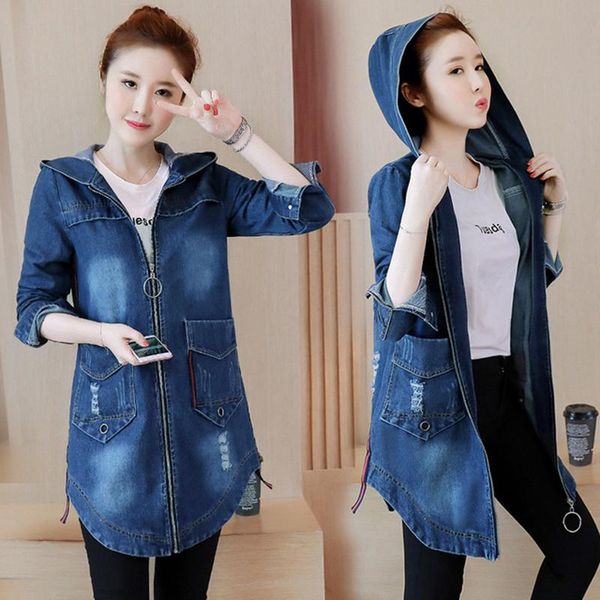 

women's trench coats 2021 spring and autumn cowgirl coat hooded hole large size denim windbreaker s-3xl casual female, Tan;black