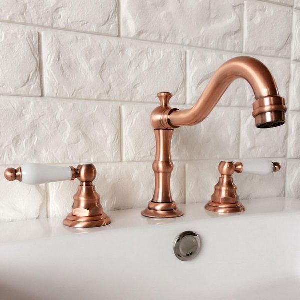 

bathroom sink faucets antique red copper widespread dual handle washing basin mixer taps deck mounted 3 holes lavatory faucet arg040