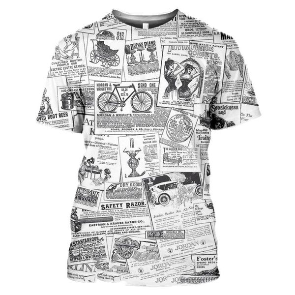 

men's t-shirts old spaper print 3d men women casual fashion hip hop funny short sleeve streetwear vintage large size children tees, White;black