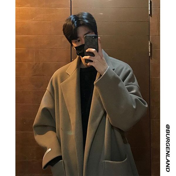 

men's wool & blends long gray coat korean fashion autumn warm loose solid color men trend abrigos para hombre clothing df50wb, Black