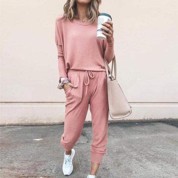 

for vip, 2021 autumn new women's clothes loose o-neck solid color long-sleeved casual cropped pants suit elastic band plus size, Gray