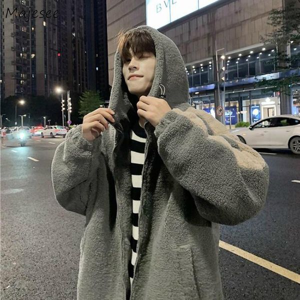 

men jackets patchwork lambswool hooded warm males handsome winter outwear jacket coat leisure chic loose trendy all-match retro, Black;brown