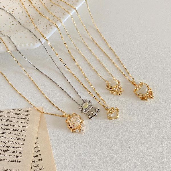

pendant necklaces origin summer chinese style stainless steel gold auspicious lock necklace for women bells chain jewelry, Silver