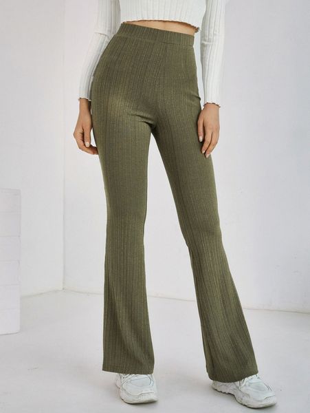 

solid rib-knit flare leg pants v0g9#, Black;white