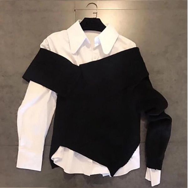 

lanmrem 2021 new spring and summer korean styles girls clothing turn down collar full sleeves knitting fake two sweatshirt, White