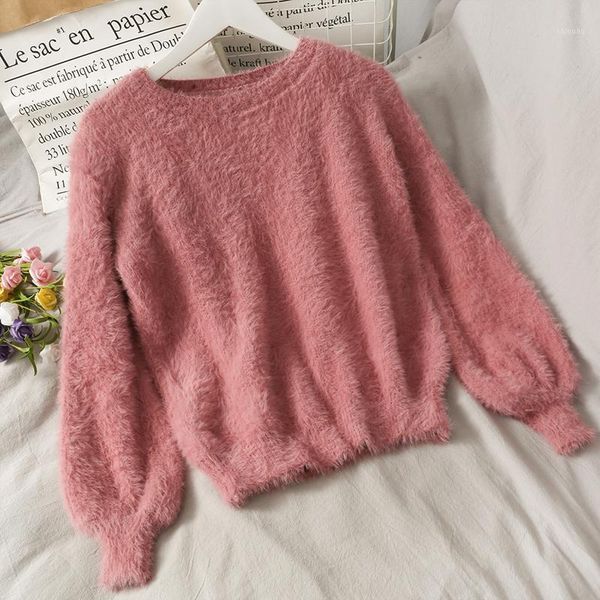 

women's sweaters winter women french loose o-neck mink velvet long-sleeved sweater 2021 fashion thick warm fairy pullover knitted jumpe, White;black