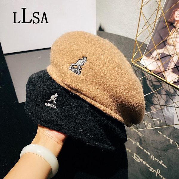 

berets latest winter kangaroo embroidery women's felt hat wool blend british style brand designer vintage cap fashion, Blue;gray