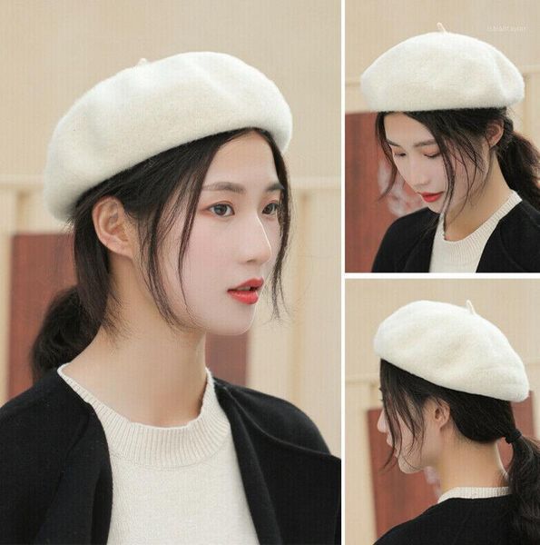 

autumn winter berets hat painter style women wool vintage solid color caps female bonnet warm walking cap, Blue;gray