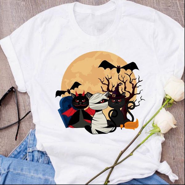 

women graphic cat witch funny cartoon cute print autumn fall halloween clothes lady tees female t shirt womens t shirt, White