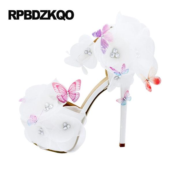 

women pumps bride fetish wedding sandals super high heels ankle strap crystal extreme open toe 14cm flower lace white platform, Black