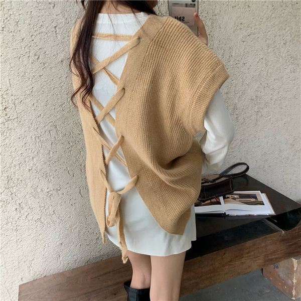 

2021 new autumn loose design sense open back lace-up vest knitted sweater and basic base t-shirt au8d, White;black