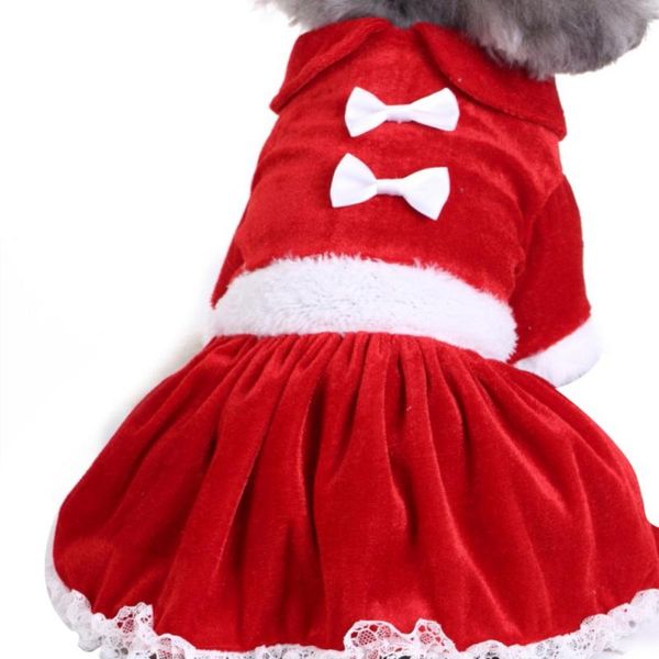 

dog apparel winter warm christmas dress lovely red bow puppy skirt pet lace cotton xmas costume yorkie chihuahua cat clothes 2021