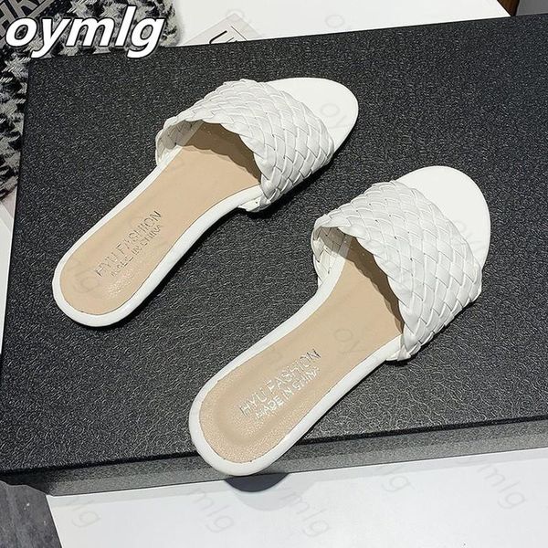 

slippers 2021 summer sandals women's fashion wear flat woven wild zapatillas mujer casa sapatos mulher, Black
