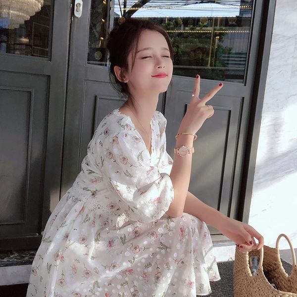 

casual dresses mishow 2021 female summer chiffon v-neck floral beach dress cute girl mx18b1234-1, Black;gray