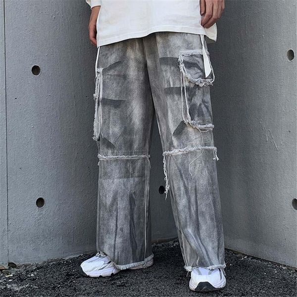 

men's jeans kiovno men hip hop cargo pants vintage tie dye distressed denim trousers for male streetwear patchwork, Blue