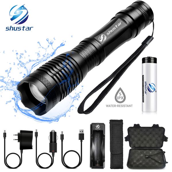 

waterproof led flashlight t6/l2 tactics led torch zoomable flashlight 5 switch modes light with 18650 battery + charger