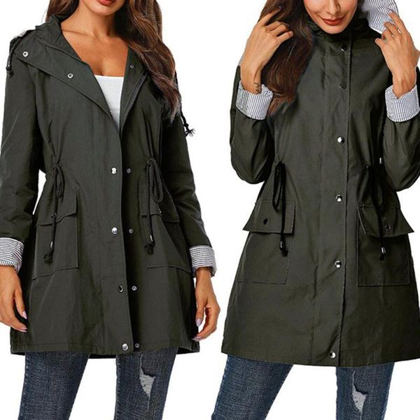 

women's trench coats chic lady waterproof color block patchwork drawstring hooded wind coat outwear, Tan;black