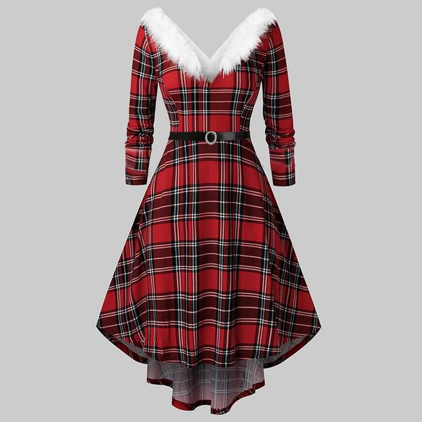 

2021 new women plus red 5xl plaid plush stitching england style christmas long sleeve v-neck a-line green es winter oy2a, Black;gray