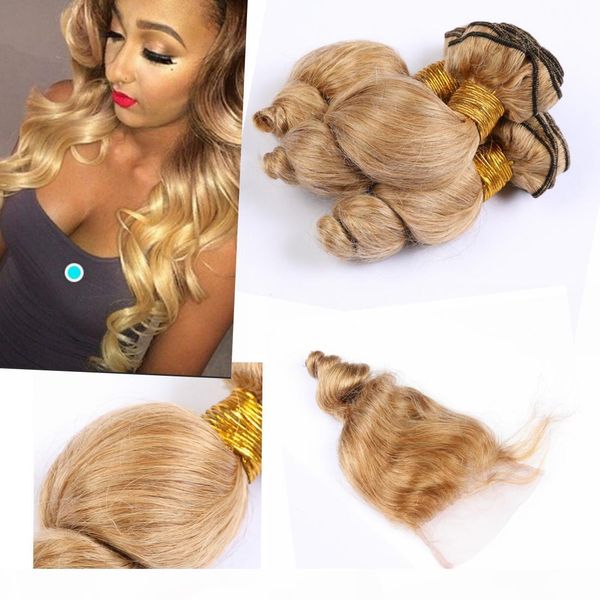 

blonde brazilian hair with closure 4" * 4" blonde 3 bundles loose wave blonde human virgin hair bundles #27 color, Black;brown