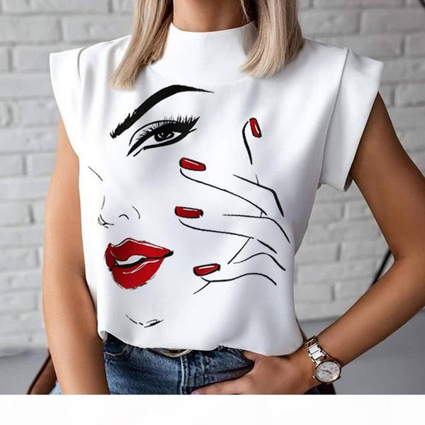 

lips print blouse shirts 2020 summer casual stand neck pullovers ladies fashion cute eye short sleeve blusa women elegant, White