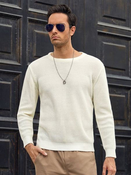 

men solid waffle knit sweater l01e#, White;black