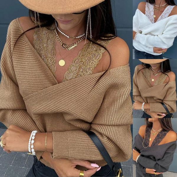 

women's vests 2021 plus size women sweater vest long sleeve off shoulder lace strap jumpers autumn winter knit streetwear, Black;white