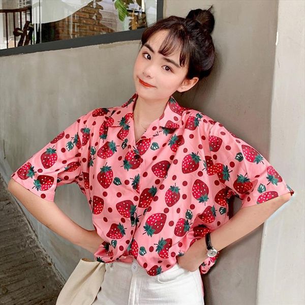 

strawberry print turn down collar womens blouses casual short sleeve loose beach wear, White