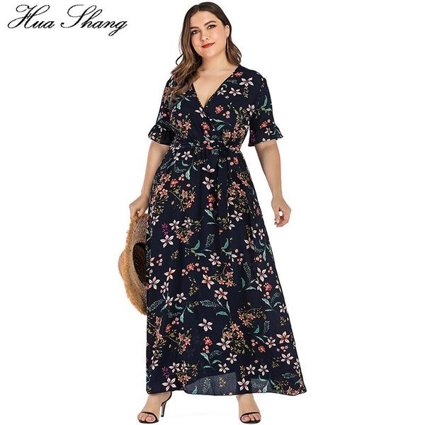 

plus size dresses floral boho beach dress women summer v neck ruffles short sleeve flower maxi long belted ladies tunic, Black
