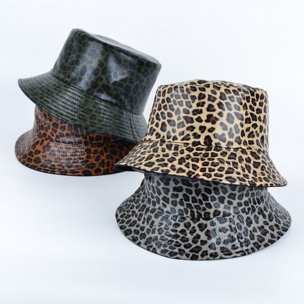 

new faux leather bucket hat double sided pu leopard and cotton solid sun hat summer ladies fashion panama fisherman cap, Blue;gray