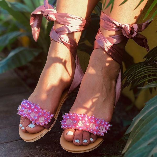 

sandals women ankle strap pear beaded special woman open toe flat shoes casual beach plus size summer 2021, Black