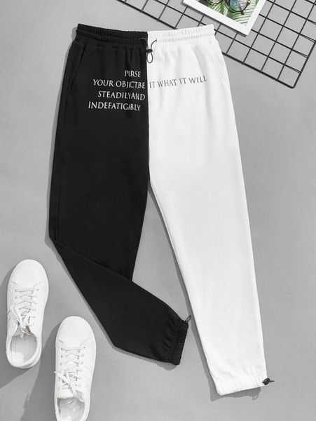 

men drawstring waist slogan graphic spliced joggers a3og#, Black