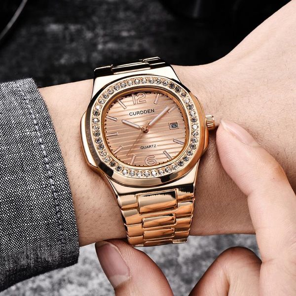 

wristwatches curdden fashion luxury men women watch diamond stainless steel band military analog mens clock quartz wrist watches reloj hombr, Slivery;brown
