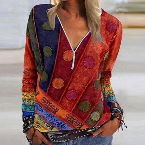 

women's blouses & shirts fashion shirt autumn print v-neck t-shirt casual long-sleeved zipper slim elegant street wear female 2021 blus, White