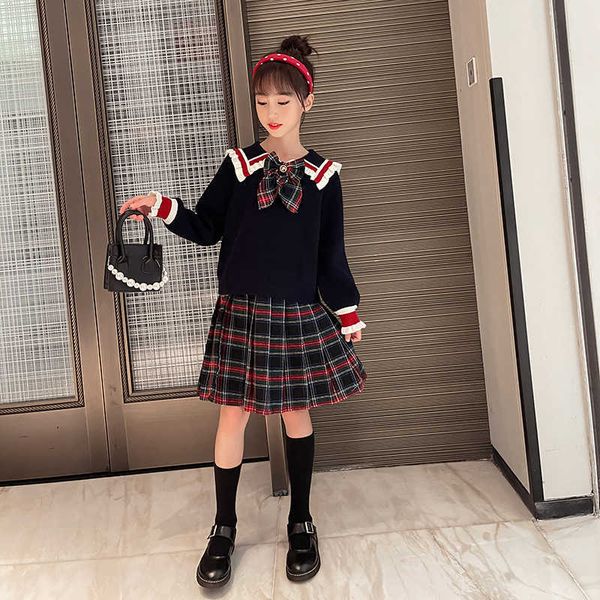 

sleeved dress girls' drs autumn suit college style foreign princs children's long sleeve skirt two-piece set girls' spring an, Black;gray