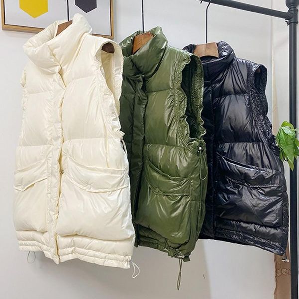 

women's vests autumn winter thick down vest solid color zipper pockets ladies loose sleeveless jacket casual keep warm waistcoat, Black;white