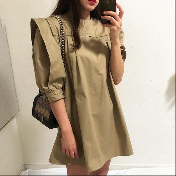 

ewq] 2021 summer minimalism o neck butterfly sleeve loose casual dress women elegant loose khaki mini dresses vestidos qv1130, Black;gray
