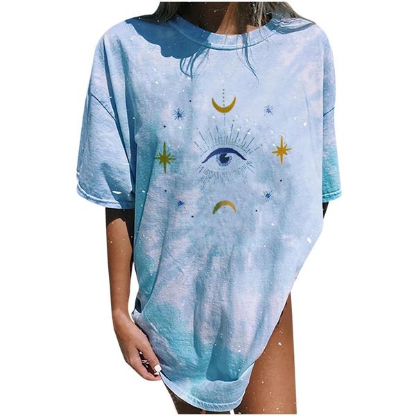 

women's t-shirt 2021 summer women sun and moon printed blue tie dye shirt o neck short sleeve loose casual street female #t2g, White