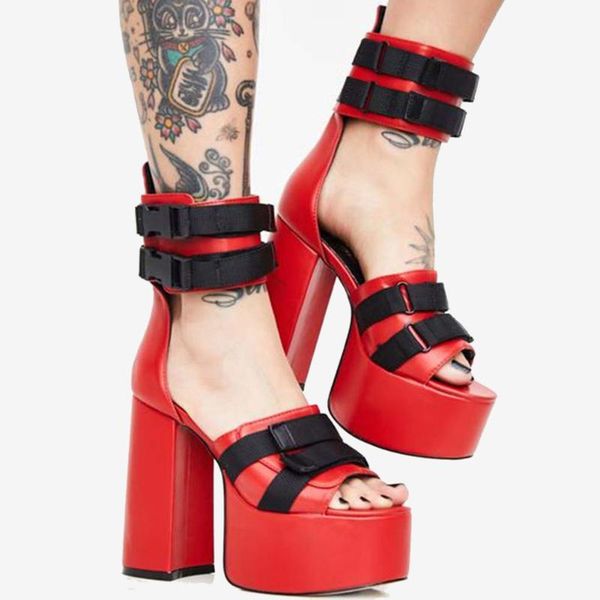 

sandals brand cool extreme high heels block heeled party platform summer woman shoes, Black