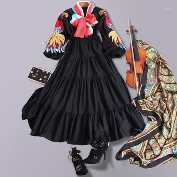 

2021 colorful embroidery white maxi dress autumn o neck lantern sleeve winter designer dresses vestdios elegant casual, Black;gray