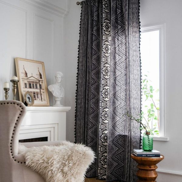 

curtain & drapes cilected bohemian black geometric printing home balcony semi-shading tassel bay window decoration