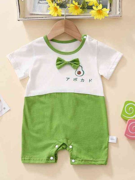 

baby japanese letter & fruit print colorblock bow front romper she, Blue