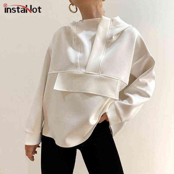 Instahot Moda Mulheres Hoodies Oversize Assimétrica Hem Sólida Preto Branco Outono Suéter Loose Streetwear Capuz Tops Y1118