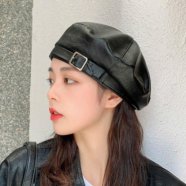 

outdoor beret women all-match fashion hat autumn and winter new leather pu beret hat cap, Black