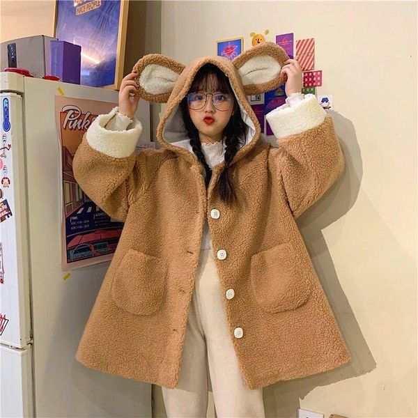 

women's hoodies & sweatshirts 2021 korean girl student loose wild cute bear ears hooded imitation lamb hoodie sweatshirt female lolita, Black