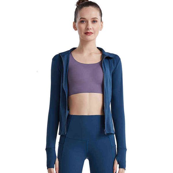 

women's t-shirt long sleeve yoga t-shirt 2022 autumn and winter cloth nude stand collar zipper sports coat running fitns top, White