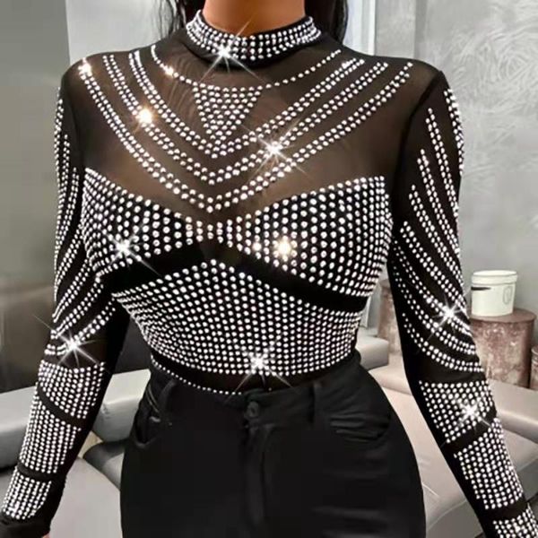 

women's swimwear white day lady shiny rhinestone bodysuit swimsuit transparent mesh long sleeve pool party, White;black