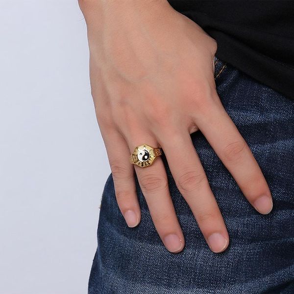 

wedding rings men yin yang tai chi bagua ring stainless steel religious taoism eight diagrams jewelry male anel r448g, Slivery;golden