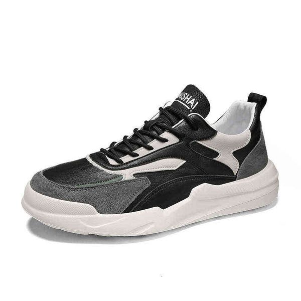 

men's shoes spring trend sports casual fashion versatile leather board thick soled lightweight dad, Black